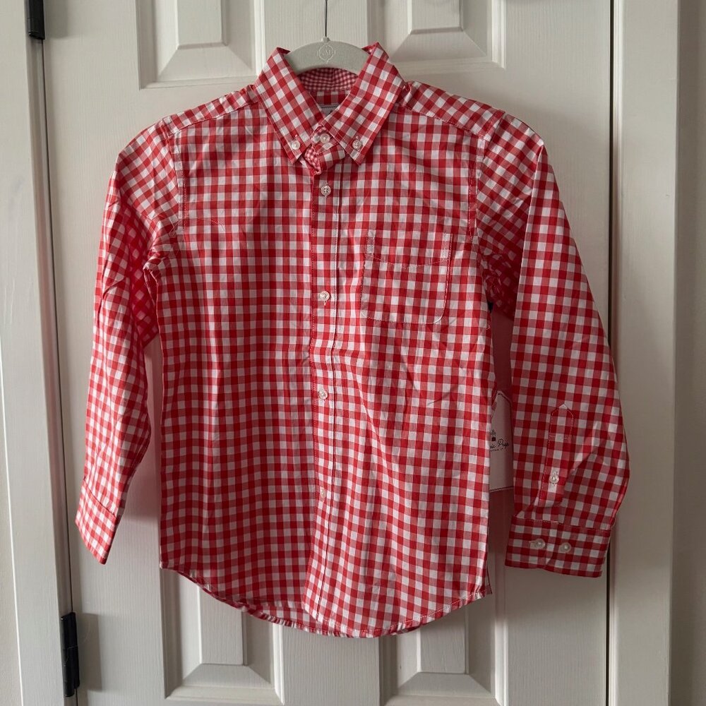 New Classic Prep Owen Boys Orange and White Checked Button Down Shirt Size 8